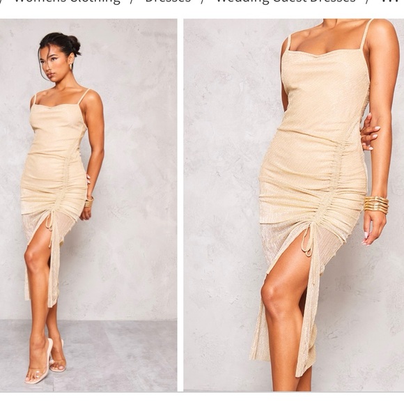 NWT PrettyLittleThing Gold Glitter Metallic Ruched Midi Party Dress Small 4 - Picture 1 of 8